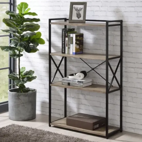 Bookshelves-Kirkland's Home Gray Finish X Frame Open Shelf Bookcase
