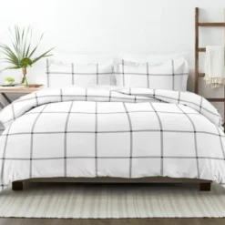 Duvets-Kirkland's Home Gray Grid Plaid 3-Pc. Micro King Duvet Cover Set White/Gray
