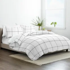 Duvets-Kirkland's Home Gray Grid Plaid 3-Pc. Micro King Duvet Cover Set White/Gray