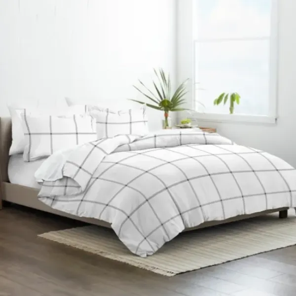 Duvets-Kirkland's Home Gray Grid Plaid 3-Pc. Micro King Duvet Cover Set White/Gray