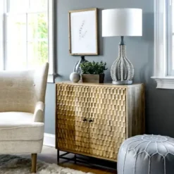 Table Lamps-Kirkland's Home Gray Iron And Rattan Beaded Table Lamp White