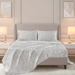 Bed Sheets-Kirkland's Home Gray Leopard Print Satin 4-Pc. Full Sheet Set White/Gray