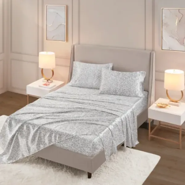 Bed Sheets-Kirkland's Home Gray Leopard Print Satin 4-Pc. Queen Sheet Set White/Gray