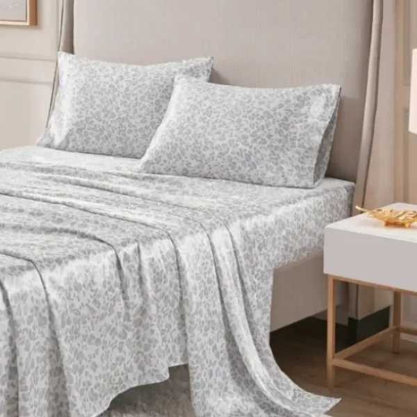 Bed Sheets-Kirkland's Home Gray Leopard Print Satin 4-Pc. Queen Sheet Set White/Gray
