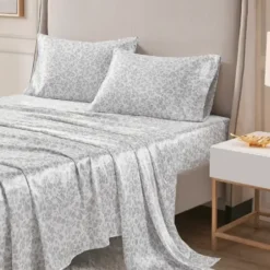 Bed Sheets-Kirkland's Home Gray Leopard Print Satin 3-Pc. Twin Sheet Set White/Gray