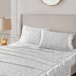 Bed Sheets-Kirkland's Home Gray Leopard Satin King 2-Pc. Pillow Case Set White/Gray