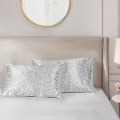 Bed Sheets-Kirkland's Home Gray Leopard Satin Standard 2-Pc. Pillow Case Set White/Gray