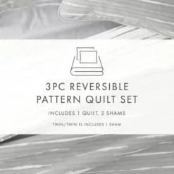 Quilts-Kirkland's Home Gray Linear Reversible 3-Pc. Queen Quilt Set Gray/White