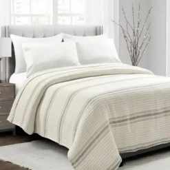 Quilts-Kirkland's Home Gray Pick Stitch Stripe King Quilt Gray/White