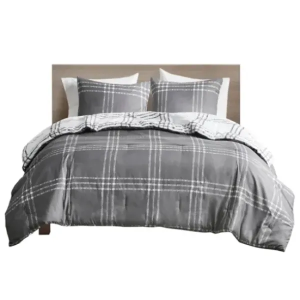 Comforters-Kirkland's Home Gray Plaid Dayton 3-Pc. King Comforter Set Gray/White
