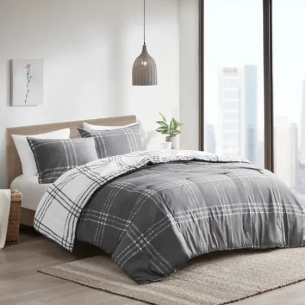 Comforters-Kirkland's Home Gray Plaid Dayton 3-Pc. King Comforter Set Gray/White