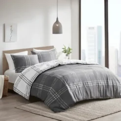 Duvets-Kirkland's Home Gray Plaid Reversible 3-Pc. King Duvet Cover Set Gray/White