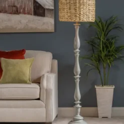 Floor Lamps-Kirkland's Home Gray Resin Floor Lamp With Hand Woven Raffia Shade Gray/Brown