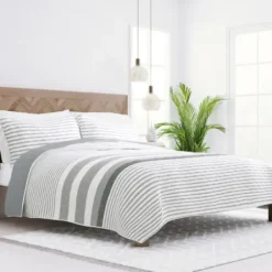 Quilts-Kirkland's Home Gray Striped Reversible 3-Pc. King Quilt Set Gray/White