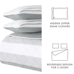 Quilts-Kirkland's Home Gray Striped Reversible 3-Pc. Queen Quilt Set Gray/White