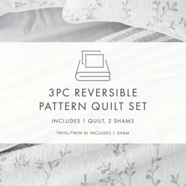 Quilts-Kirkland's Home Gray Vines Reversible 3-Pc. Queen Quilt Set Gray/White