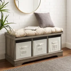 Benches & Ottomans-Kirkland's Home Gray Wash Entryway Bench And Storage Bins Tan