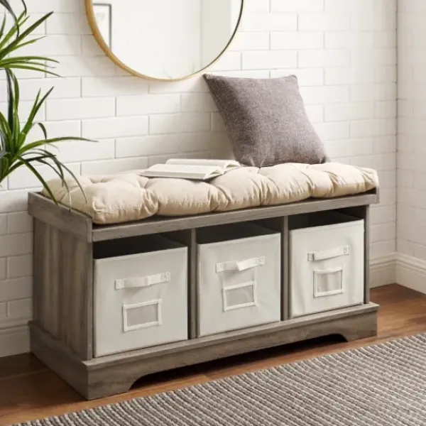 Benches & Ottomans-Kirkland's Home Gray Wash Entryway Bench And Storage Bins Tan