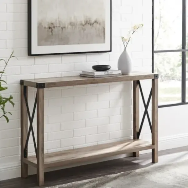 Console Tables-Kirkland's Home Gray Wash Farmhouse X-Frame Console Table Brown