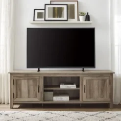 Tv Stands & Media Consoles-Kirkland's Home Gray Wash Wood Grooved Door Tv Stand Brown