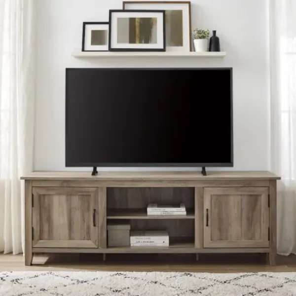 Tv Stands & Media Consoles-Kirkland's Home Gray Wash Wood Grooved Door Tv Stand Brown