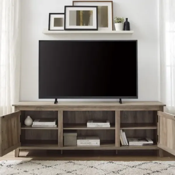 Tv Stands & Media Consoles-Kirkland's Home Gray Wash Wood Grooved Door Tv Stand Brown