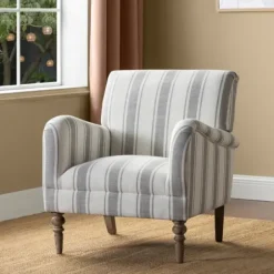 Accent Chairs-Kirkland's Home Gray White Carved Slope Stripe Accent Chair Gray/White