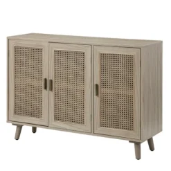 Cabinets & Sideboards-Kirkland's Home Gray Wood And Cane 3-Door Cabinet