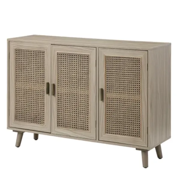 Cabinets & Sideboards-Kirkland's Home Gray Wood And Cane 3-Door Cabinet