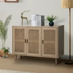 Cabinets & Sideboards-Kirkland's Home Gray Wood And Cane 3-Door Cabinet