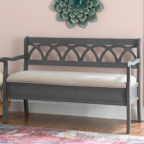 Benches & Ottomans-Kirkland's Home Gray Wood Upholstered Storage Bench Gray/White
