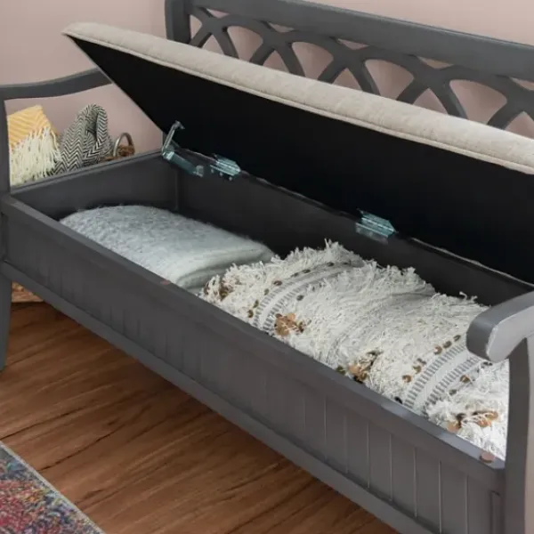 Benches & Ottomans-Kirkland's Home Gray Wood Upholstered Storage Bench Gray/White