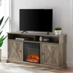Tv Stands & Media Consoles-Kirkland's Home Graywash Rustic Fireplace Cabinet Brown