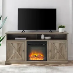 Tv Stands & Media Consoles-Kirkland's Home Graywash Rustic Fireplace Cabinet Brown