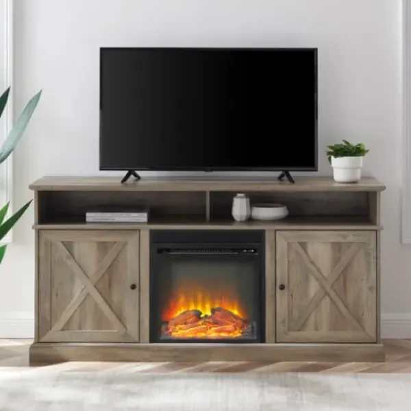 Tv Stands & Media Consoles-Kirkland's Home Graywash Rustic Fireplace Cabinet Brown