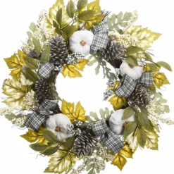 Wreaths-Kirkland's Home Green And Gray Ribbon Harvest Mix Wreath Green/Gray/White