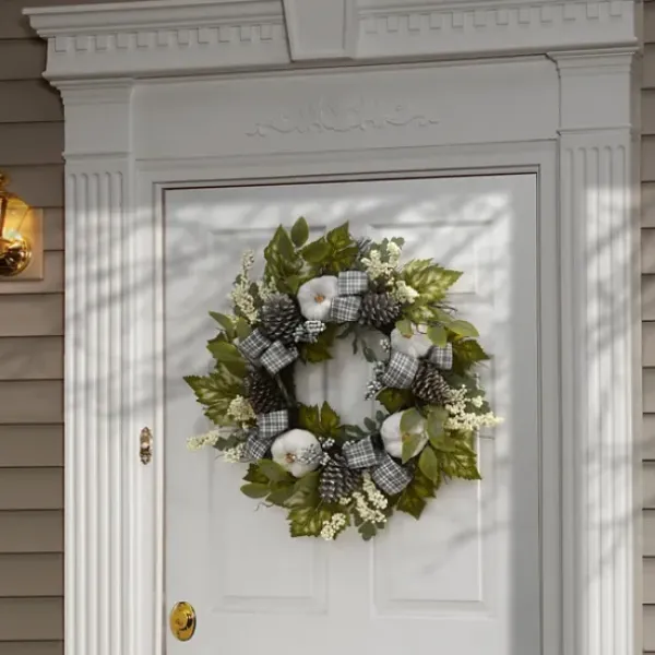 Wreaths-Kirkland's Home Green And Gray Ribbon Harvest Mix Wreath Green/Gray/White