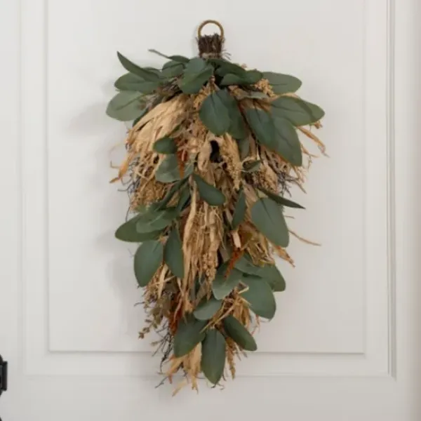 Wreaths-Kirkland's Home Green Eucalyptus And Heather Wheat Teardrop Swag Green/Tan