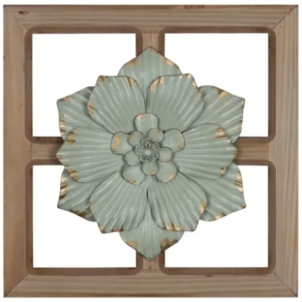 Wall Plaques-Kirkland's Home Green Metal Flower Wood Frame Wall Sculpture Green/Brown