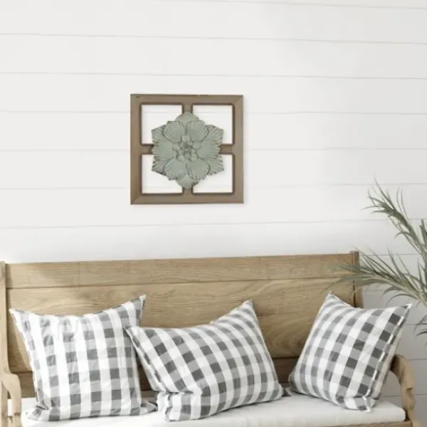 Wall Plaques-Kirkland's Home Green Metal Flower Wood Frame Wall Sculpture Green/Brown