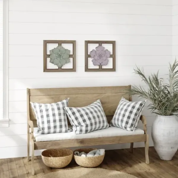 Wall Plaques-Kirkland's Home Green Metal Flower Wood Frame Wall Sculpture Green/Brown