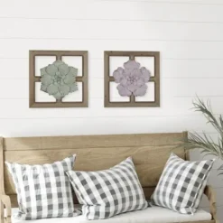 Wall Plaques-Kirkland's Home Green Metal Flower Wood Frame Wall Sculpture Green/Brown