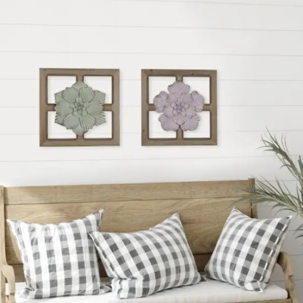 Wall Plaques-Kirkland's Home Green Metal Flower Wood Frame Wall Sculpture Green/Brown