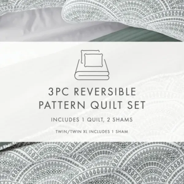 Quilts-Kirkland's Home Green Scalloped Reversible 3-Pc. Queen Quilt Set Green/White