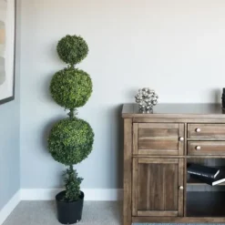 Trees & Topiaries-Kirkland's Home Green Triple Ball Boxwood Potted Topiary, 4 Ft.