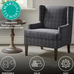 Accent Chairs-Kirkland's Home Grid Plaid Upholstered Martha Stewart Accent Chair Gray