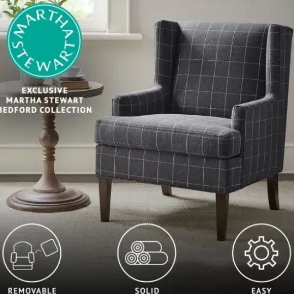 Accent Chairs-Kirkland's Home Grid Plaid Upholstered Martha Stewart Accent Chair Gray