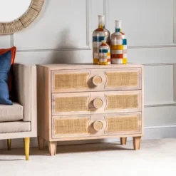 Dressers & Chests-Kirkland's Home Hand Woven Cane 3-Drawer Wood Chest