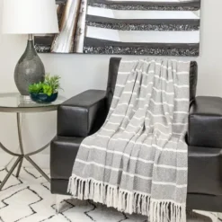Blankets & Throws-Kirkland's Home Herringbone Striped Throw Black
