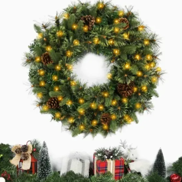 Wreaths-Kirkland's Home Holiday Pine Needle Cabin Pre-Lit Wreath Green/Brown